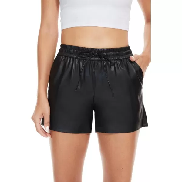 Fahsyee Black Faux Leather Shorts Women High Waisted Casual Wide Leg Size SXXLBlack2