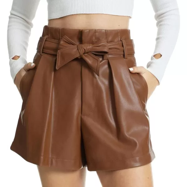 Fahsyee Black Faux Leather Shorts Women High Waisted Casual Wide Leg Size SXXLBrown