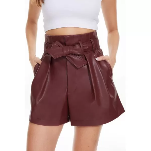 Fahsyee Black Faux Leather Shorts Women High Waisted Casual Wide Leg Size SXXLWine Red