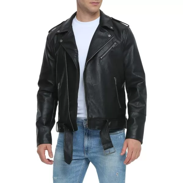 Fahsyee Leather Jackets for Men Faux Bomber Jacket Men Motorcycle Lapel Asymmetric ZipUp Blet Slim Fit Biker CoatBlack