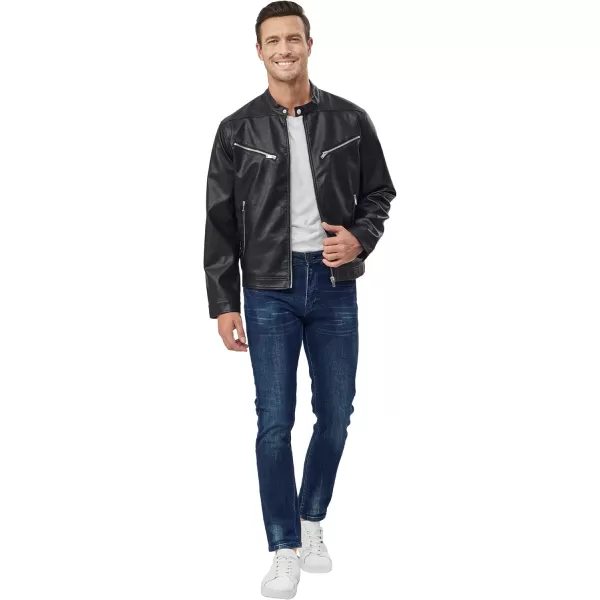 Fahsyee Faux Leather Jacket Men  Black Bomber Jackets Motorcycle Stand Collar Lightweight ZipUp Slim Fit Biker CoatBlack