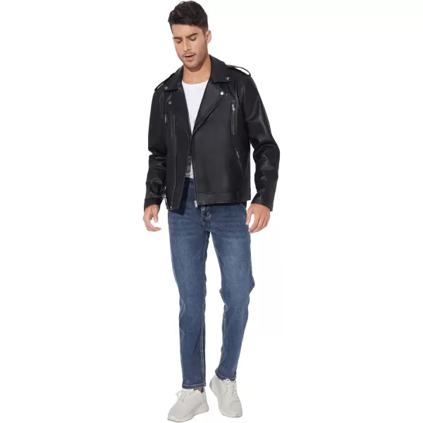 Fahsyee Faux Leather Jacket Men  Black Bomber Jackets Motorcycle Stand Collar Lightweight ZipUp Slim Fit Biker CoatBlack03