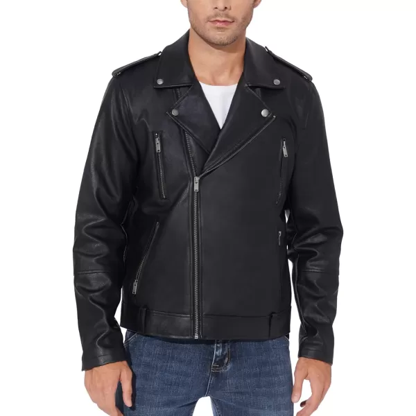 Fahsyee Faux Leather Jacket Men  Black Bomber Jackets Motorcycle Stand Collar Lightweight ZipUp Slim Fit Biker CoatBlack03