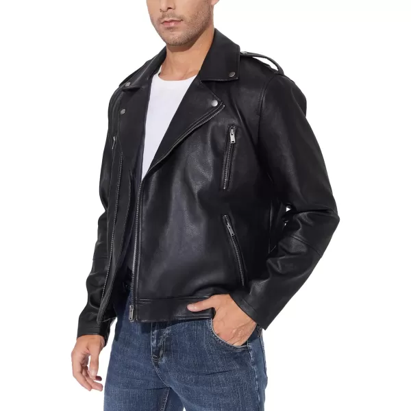 Fahsyee Faux Leather Jacket Men  Black Bomber Jackets Motorcycle Stand Collar Lightweight ZipUp Slim Fit Biker CoatBlack03