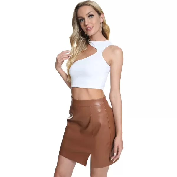 Fahsyee Leather Skirt Women Faux Mini Elastic High Waist Plus Size Pencil Aline Bodycon Vegan Stretch Elegant Skirts SXXLBrown