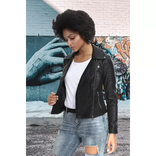 Fahsyee Womens Faux Leather Jackets Zip Up Motorcycle Short PU Moto Biker Outwear Fitted Slim Coat104black