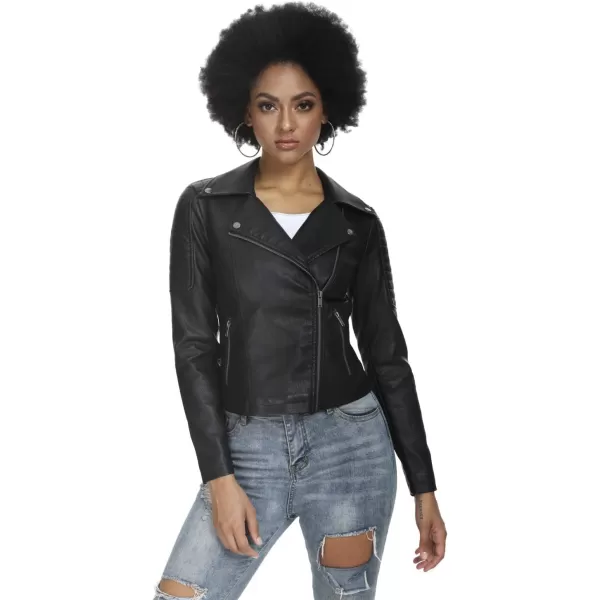 Fahsyee Womens Faux Leather Jackets Zip Up Motorcycle Short PU Moto Biker Outwear Fitted Slim Coat104black
