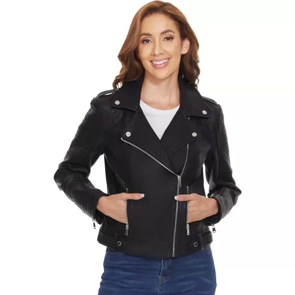 Fahsyee Womens Faux Leather Jackets Zip Up Motorcycle Short PU Moto Biker Outwear Fitted Slim CoatHbblack