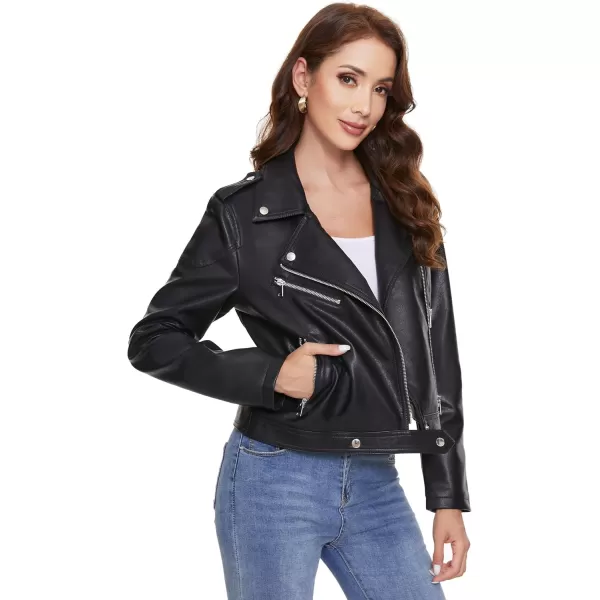 Fahsyee Womens Faux Leather Jackets Zip Up Motorcycle Short PU Moto Biker Outwear Fitted Slim CoatOblack