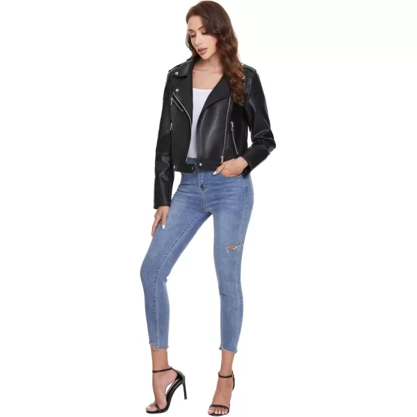 Fahsyee Womens Faux Leather Jackets Zip Up Motorcycle Short PU Moto Biker Outwear Fitted Slim CoatOblack