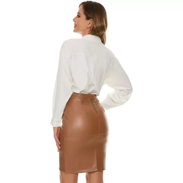 Fahsyee Womens Leather Skirt Bodycon Faux Mini High Waist Casual Zip PU Slim Pencil Plus SizeBrown
