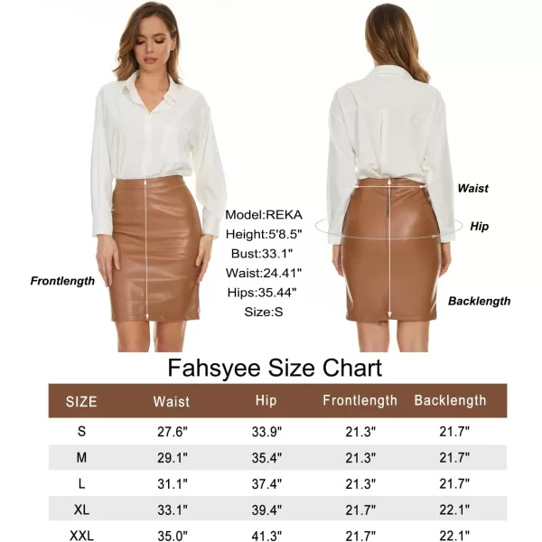 Fahsyee Womens Leather Skirt Bodycon Faux Mini High Waist Casual Zip PU Slim Pencil Plus SizeBrown