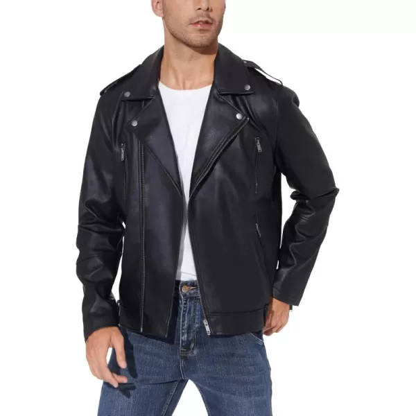 Fahsyee Faux Leather Jacket Men  Black Bomber Jackets Motorcycle Stand Collar Lightweight ZipUp Slim Fit Biker CoatBlack03