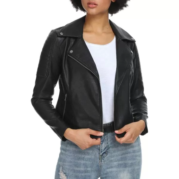 Fahsyee Womens Faux Leather Jackets Zip Up Motorcycle Short PU Moto Biker Outwear Fitted Slim Coat104black