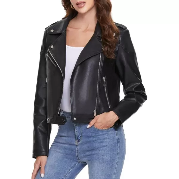 Fahsyee Womens Faux Leather Jackets Zip Up Motorcycle Short PU Moto Biker Outwear Fitted Slim CoatOblack