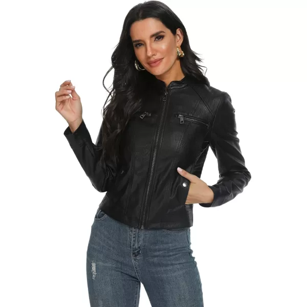 Fahsyee Black Faux Leather Jackets for Women Motorcycle PU Moto Biker Outwear CoatBlack