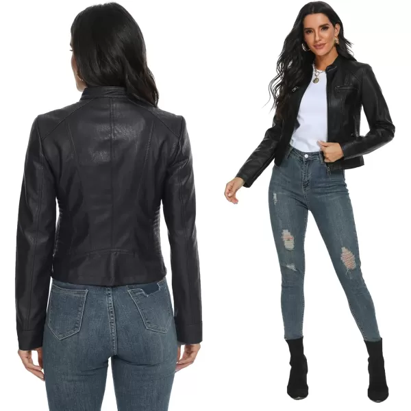Fahsyee Black Faux Leather Jackets for Women Motorcycle PU Moto Biker Outwear CoatBlack