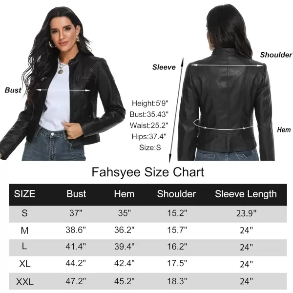 Fahsyee Black Faux Leather Jackets for Women Motorcycle PU Moto Biker Outwear CoatBlack