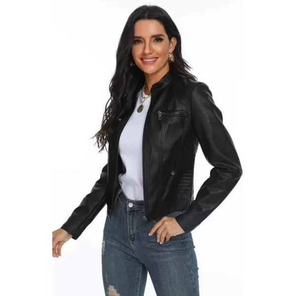 Fahsyee Black Faux Leather Jackets for Women Motorcycle PU Moto Biker Outwear CoatBlack