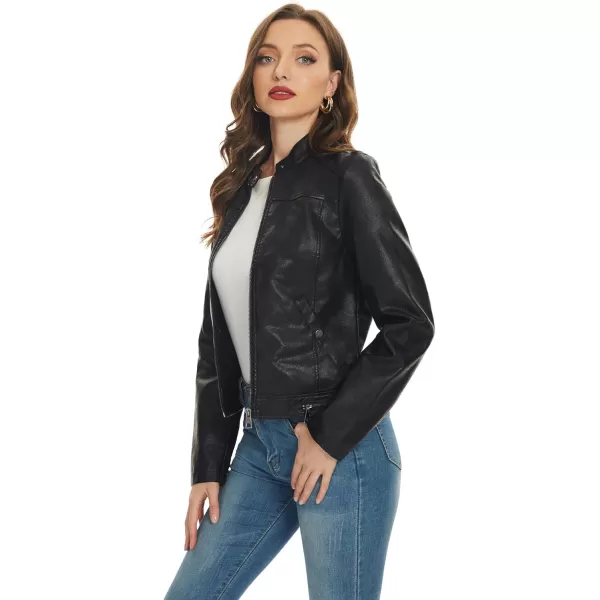 Fahsyee Black Faux Leather Jackets for Women Motorcycle PU Moto Biker Outwear CoatJet Black
