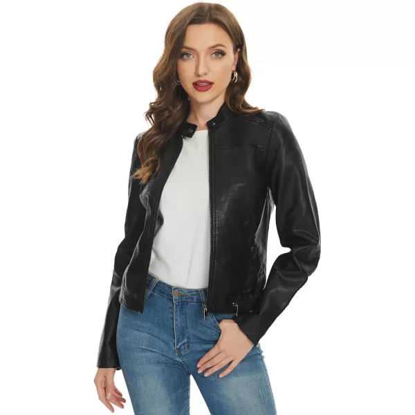 Fahsyee Black Faux Leather Jackets for Women Motorcycle PU Moto Biker Outwear CoatJet Black