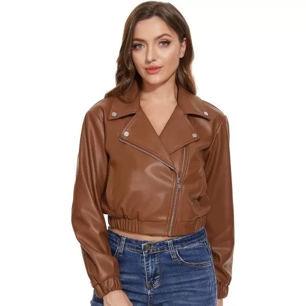 Fahsyee Faux Leather Jacket Women  Black Motorcycle Short Coat Moto Biker Blazer Casual Pleather Jackets Fashion SXXLBrown