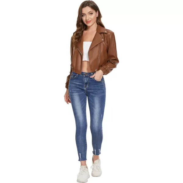 Fahsyee Faux Leather Jacket Women  Black Motorcycle Short Coat Moto Biker Blazer Casual Pleather Jackets Fashion SXXLBrown