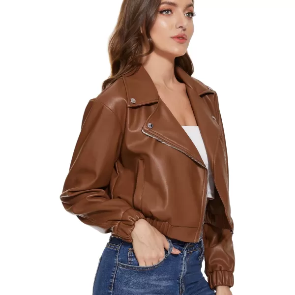 Fahsyee Faux Leather Jacket Women  Black Motorcycle Short Coat Moto Biker Blazer Casual Pleather Jackets Fashion SXXLBrown