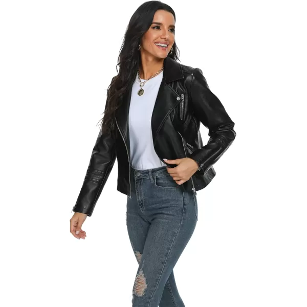 Fahsyee Faux Leather Jacket for Women Vegan Jackets Moto Biker Motocycle CoatBlack