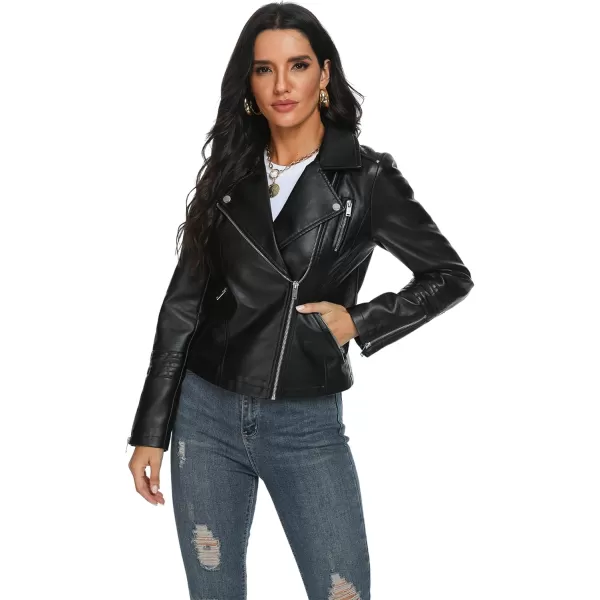 Fahsyee Faux Leather Jacket for Women Vegan Jackets Moto Biker Motocycle CoatBlack