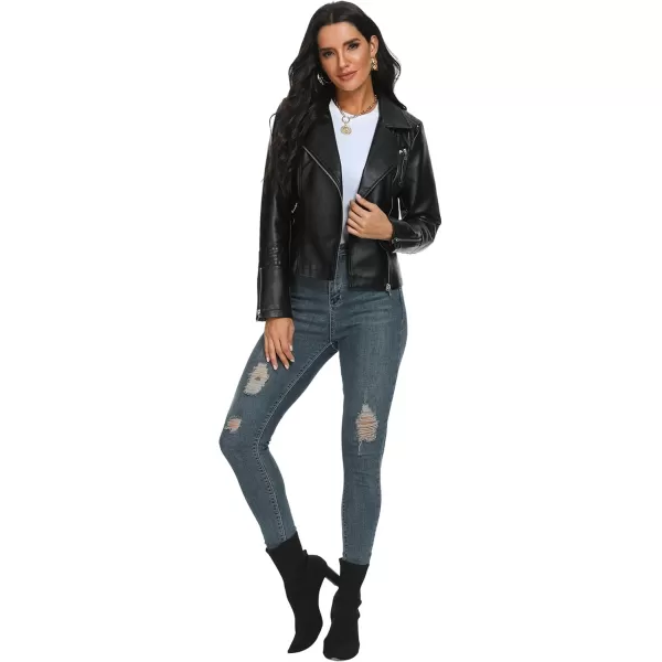 Fahsyee Faux Leather Jacket for Women Vegan Jackets Moto Biker Motocycle CoatBlack