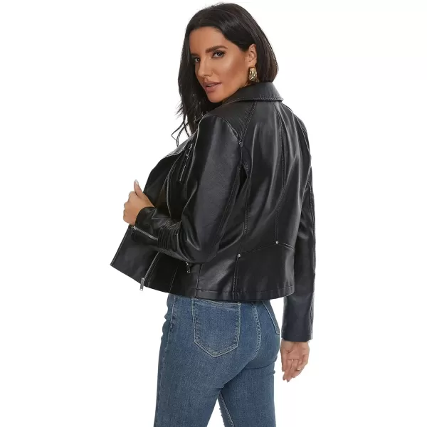 Fahsyee Faux Leather Jacket for Women Vegan Jackets Moto Biker Motocycle CoatBlack