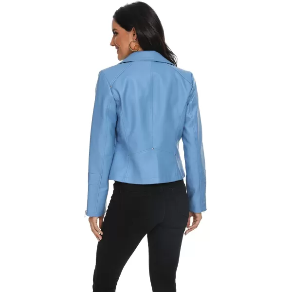 Fahsyee Faux Leather Jacket for Women Vegan Jackets Moto Biker Motocycle CoatBlue