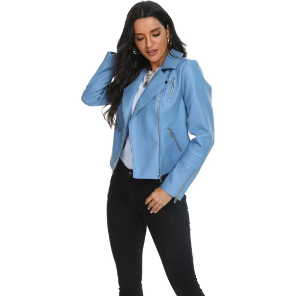 Fahsyee Faux Leather Jacket for Women Vegan Jackets Moto Biker Motocycle CoatBlue