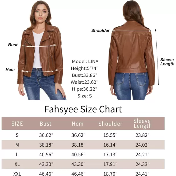 Fahsyee Faux Leather Jacket for Women Vegan Jackets Moto Biker Motocycle CoatBrown