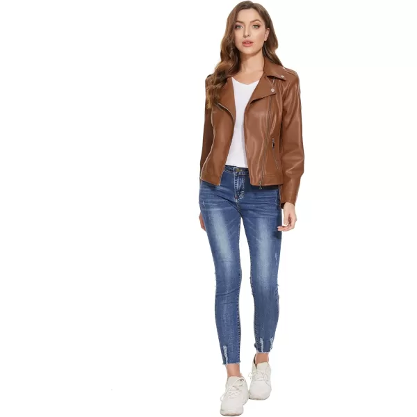 Fahsyee Faux Leather Jacket for Women Vegan Jackets Moto Biker Motocycle CoatBrown
