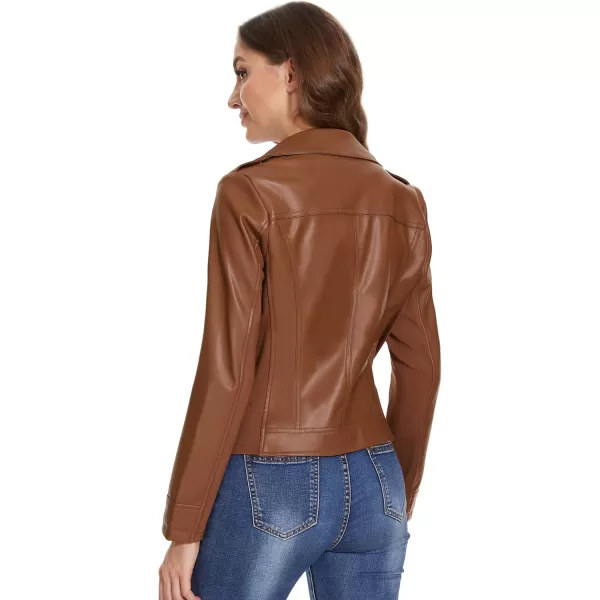 Fahsyee Faux Leather Jacket for Women Vegan Jackets Moto Biker Motocycle CoatBrown