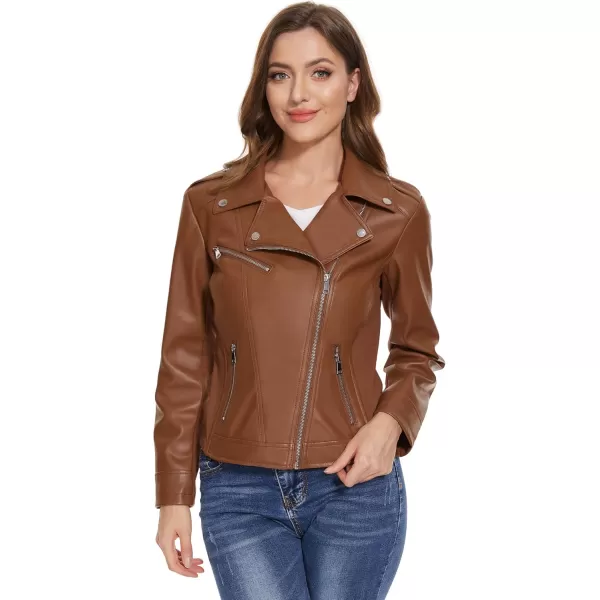 Fahsyee Faux Leather Jacket for Women Vegan Jackets Moto Biker Motocycle CoatBrown