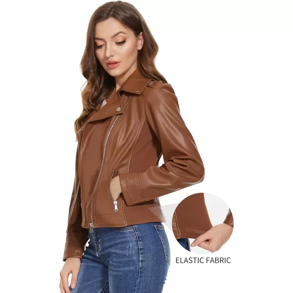 Fahsyee Faux Leather Jacket for Women Vegan Jackets Moto Biker Motocycle CoatBrown