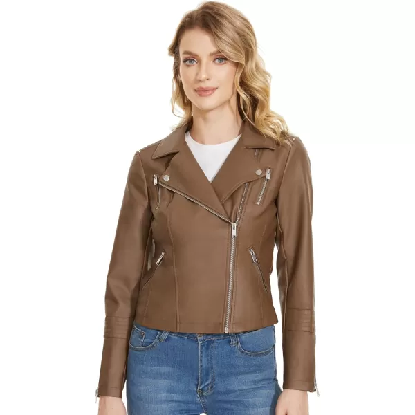 Fahsyee Faux Leather Jacket for Women Vegan Jackets Moto Biker Motocycle CoatCamel