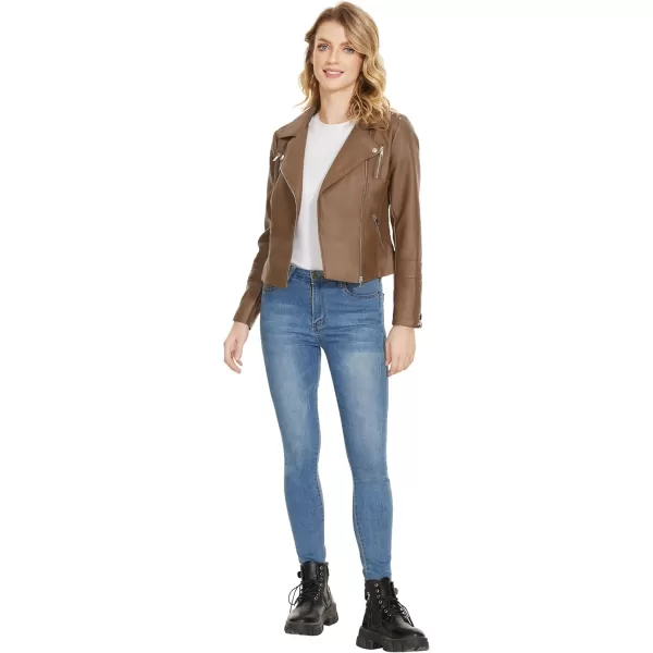 Fahsyee Faux Leather Jacket for Women Vegan Jackets Moto Biker Motocycle CoatCamel