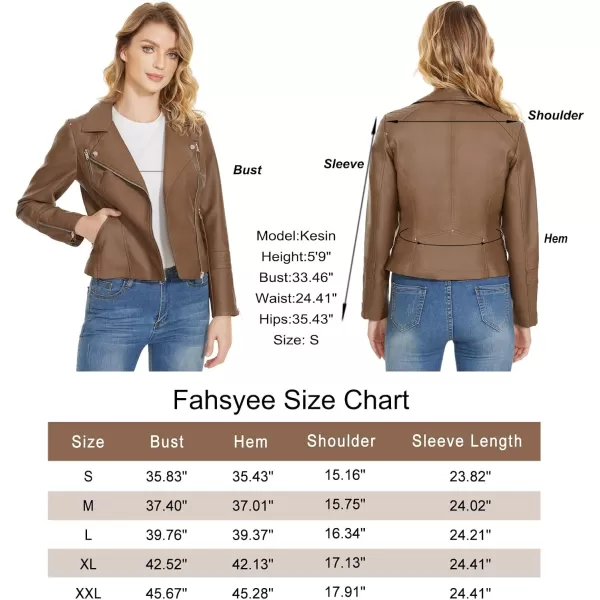 Fahsyee Faux Leather Jacket for Women Vegan Jackets Moto Biker Motocycle CoatCamel