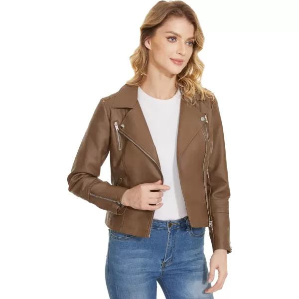 Fahsyee Faux Leather Jacket for Women Vegan Jackets Moto Biker Motocycle CoatCamel