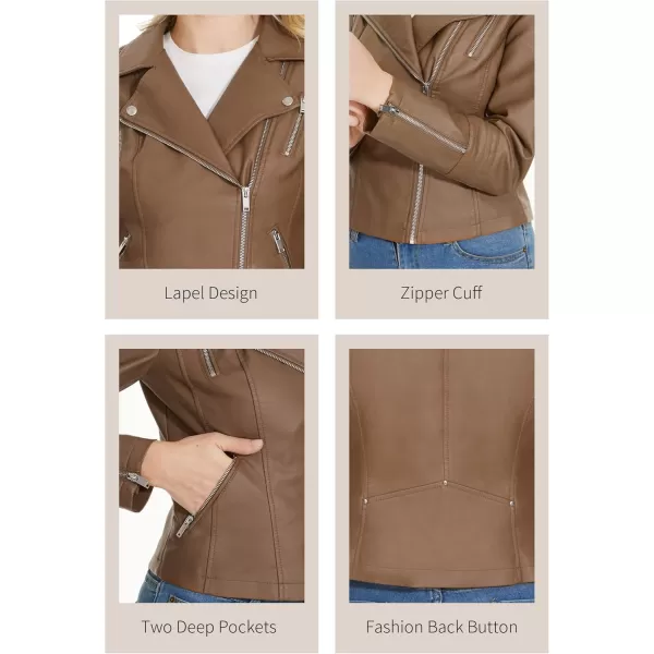 Fahsyee Faux Leather Jacket for Women Vegan Jackets Moto Biker Motocycle CoatCamel