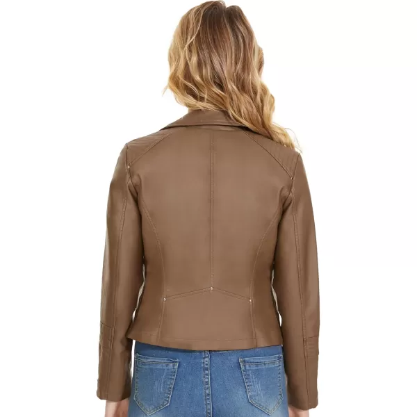 Fahsyee Faux Leather Jacket for Women Vegan Jackets Moto Biker Motocycle CoatCamel