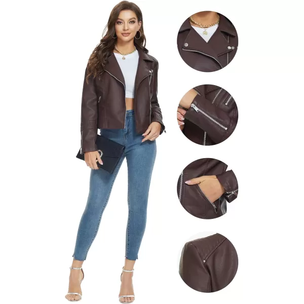 Fahsyee Faux Leather Jacket for Women Vegan Jackets Moto Biker Motocycle CoatChocolate
