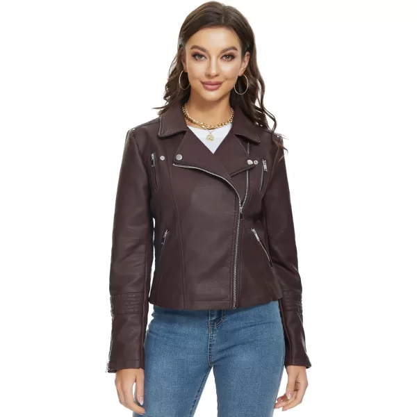 Fahsyee Faux Leather Jacket for Women Vegan Jackets Moto Biker Motocycle CoatChocolate