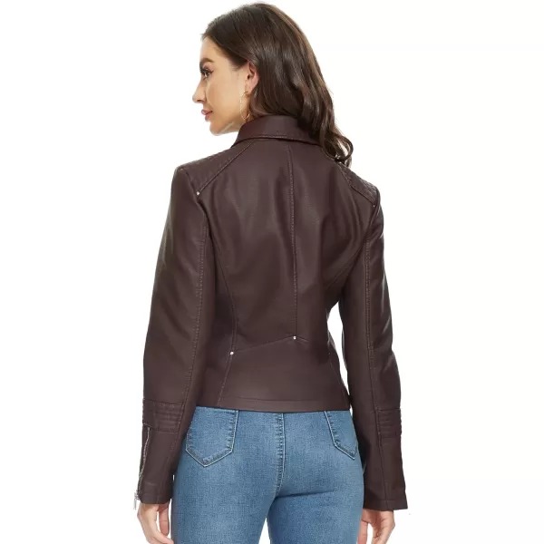 Fahsyee Faux Leather Jacket for Women Vegan Jackets Moto Biker Motocycle CoatChocolate