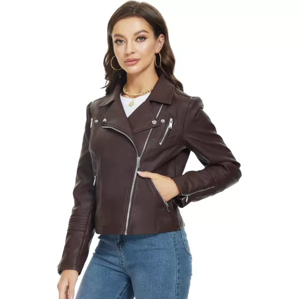 Fahsyee Faux Leather Jacket for Women Vegan Jackets Moto Biker Motocycle CoatChocolate