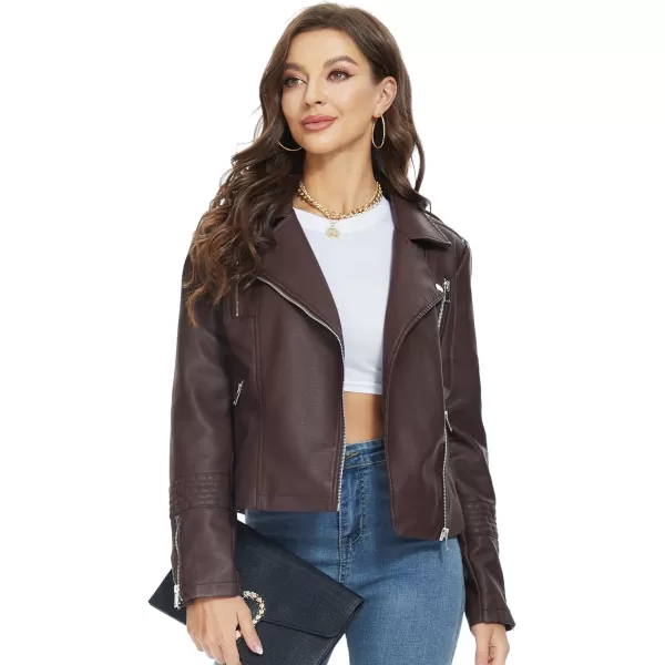Fahsyee Faux Leather Jacket for Women Vegan Jackets Moto Biker Motocycle CoatChocolate
